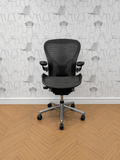 Herman Miller Aeron Size C (refurbished) polished aluminium + PostureFit Lumbar Support + Leather arm pads fully loaded
